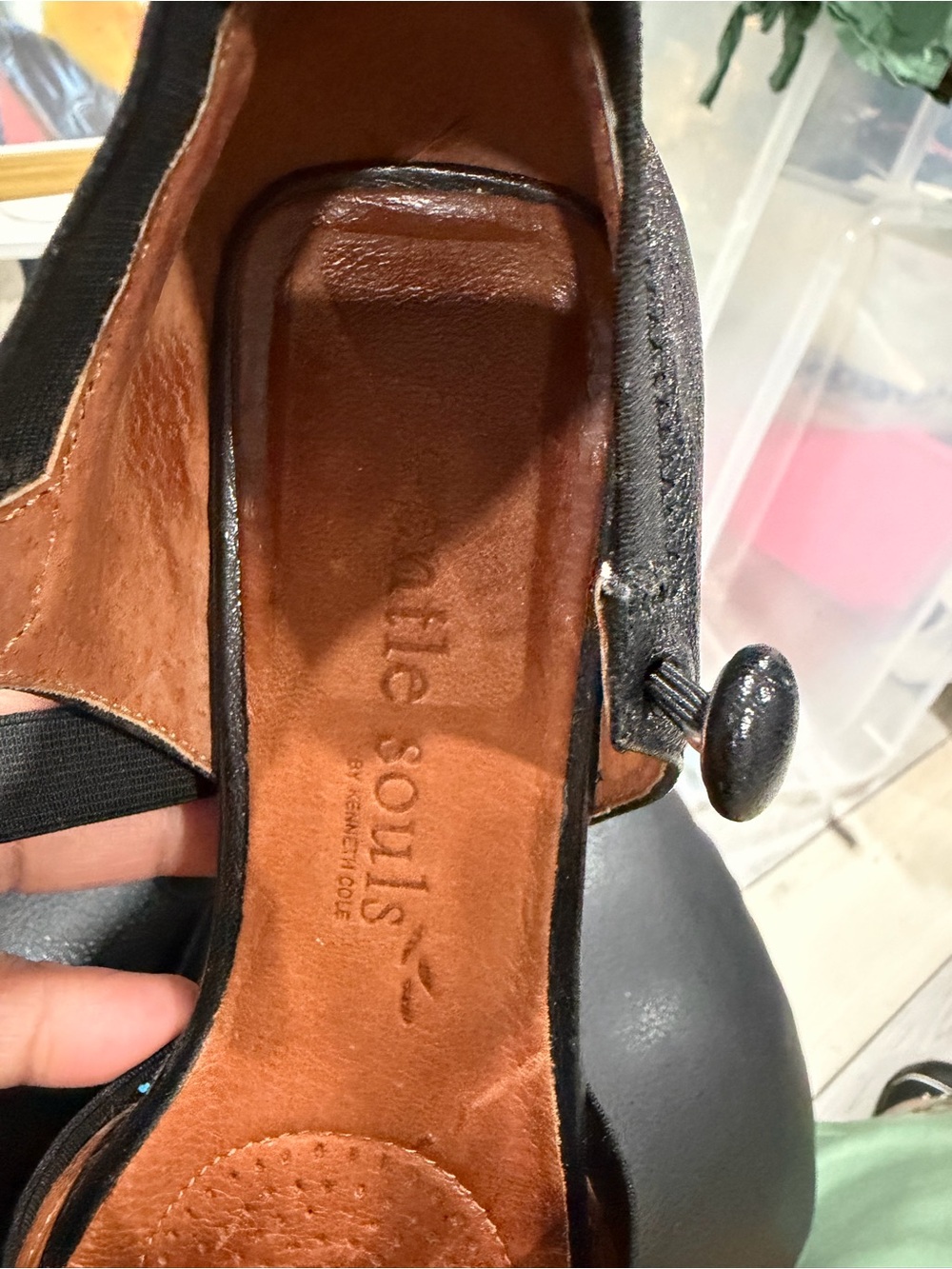 Kenneth Cole Black Leather Mary Jane Flats with Button Detail